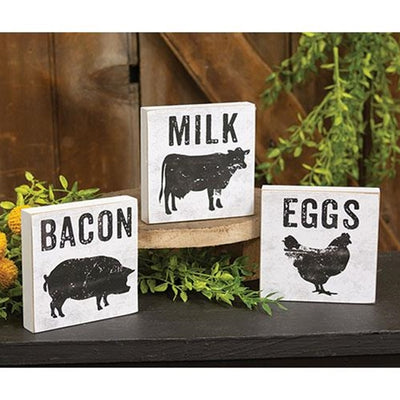 Set of 3 Bacon Eggs and Milk Silhouette 4" Square Blocks