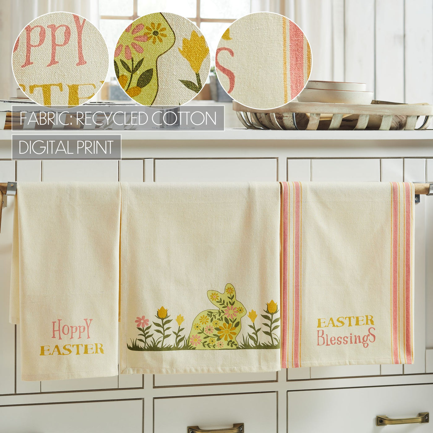 Set of 3 Bunny Hop Floral Bunny & Easter Tea Towels