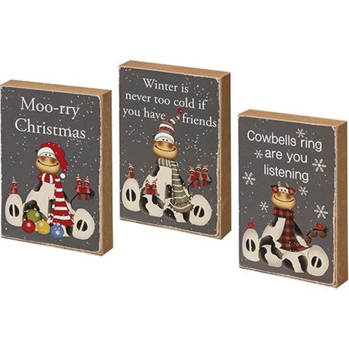 Set of 3 Moo-rry Christmas Cow Themed 5" Wooden Block Signs