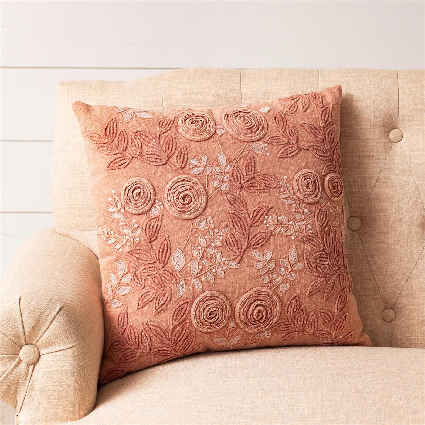 Rose Embroidered Stone Wash 18" Accent Pillow