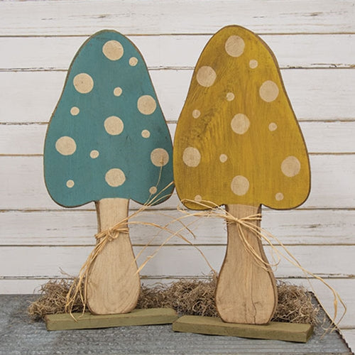 Set of 2 Rustic Wood Mushroom on Base 24.5"H