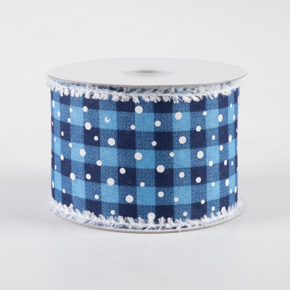 💙 Snowy Blue Plaid Ribbon with Fuzzy Edge 2.5" x 10 yards