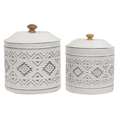 Aztec Metal Bucket Set of 2 Aztec White Metal Canisters With Lids – Blueberry Lane Shop