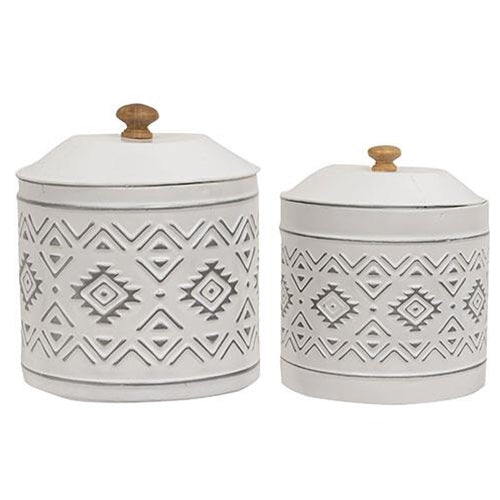 Set of 2 Aztec White Metal Canisters With Lids