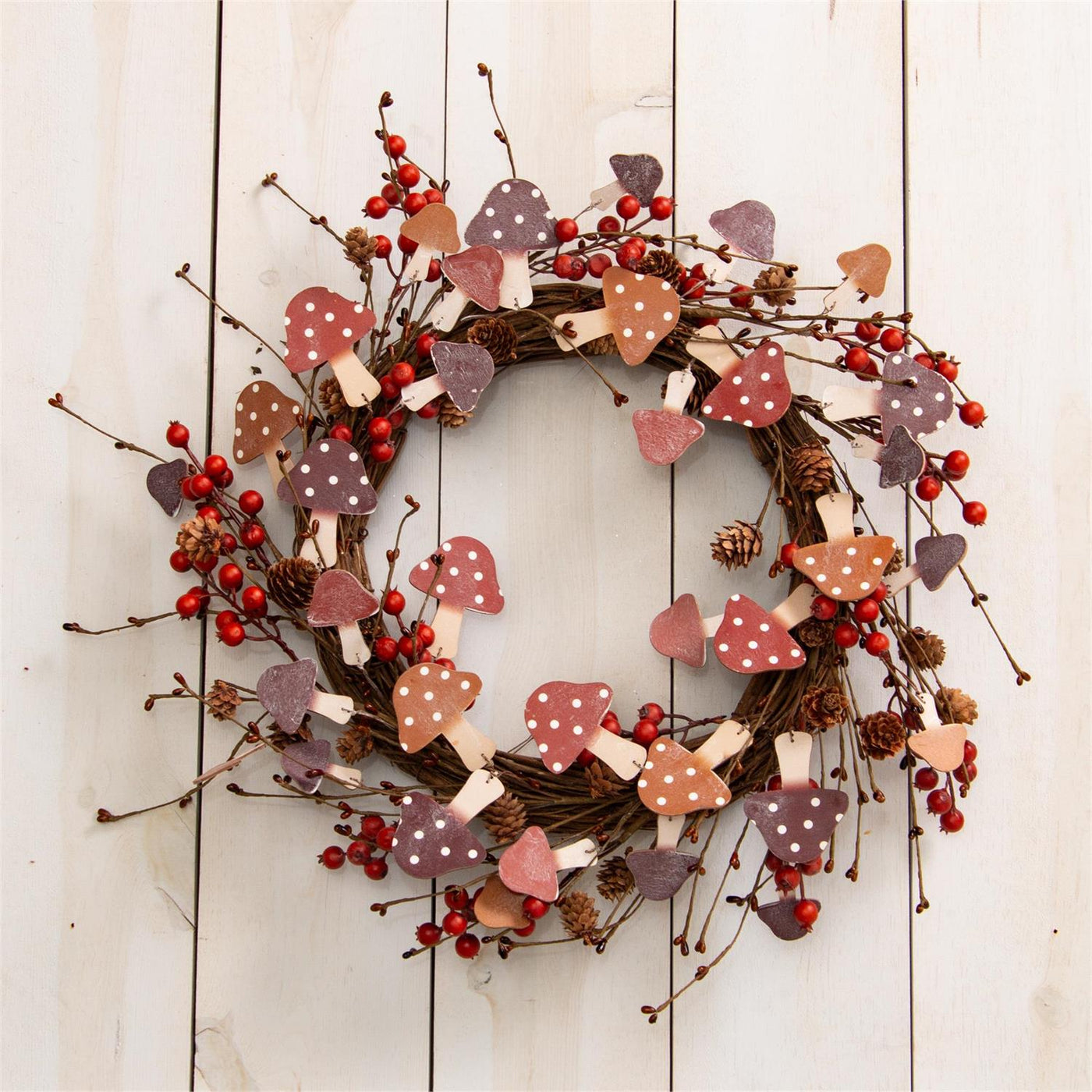 Mushrooms Berries Mini Pinecones 24" Faux Wreath