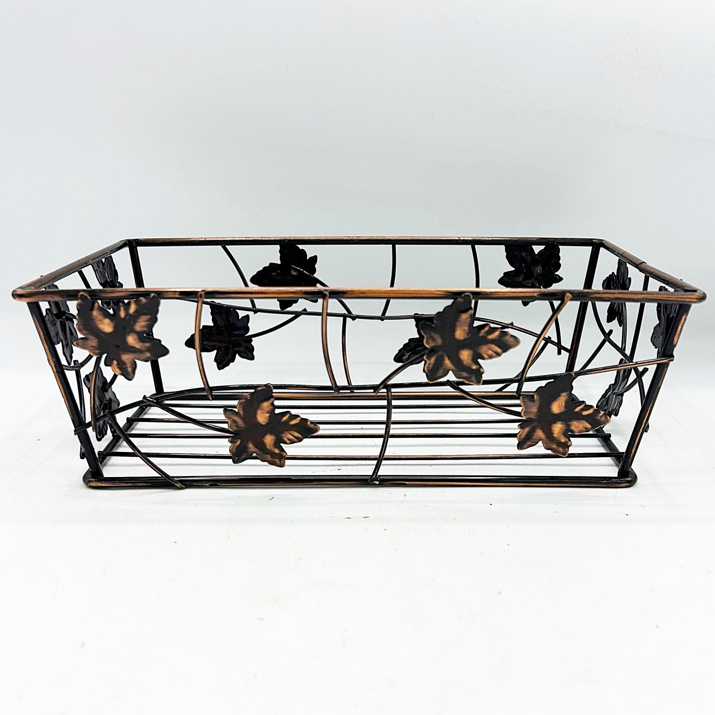Copper-Toned Metal Basket with Leaf Accents – Blueberry Lane Shop