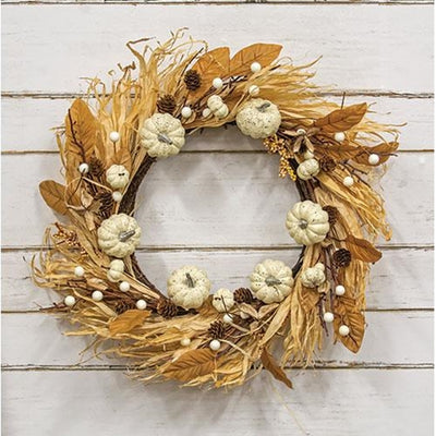 Autumn Harvest White Pumpkins and Foliage 22" Faux Wreath