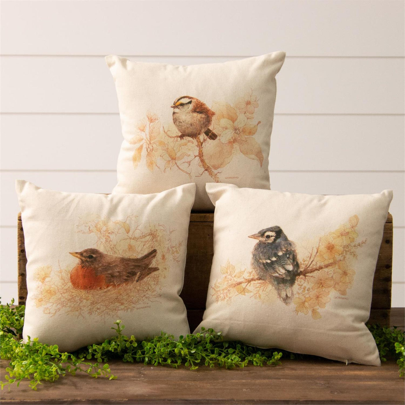 Set of 3 Natural Bird 12" Accent Pillows