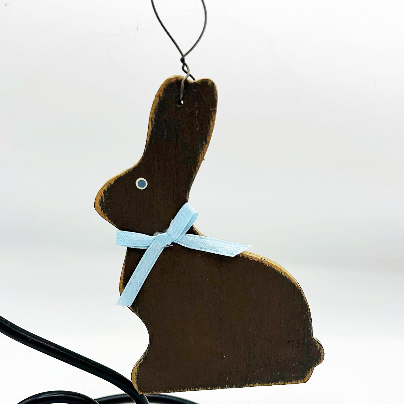 Wooden Chocolate-Look Bunny with Blue Bow Ornament