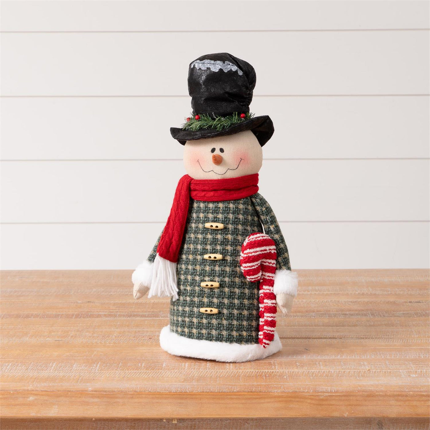 Steve the Snowman Holding Knit Candy Cane Fabric Figure