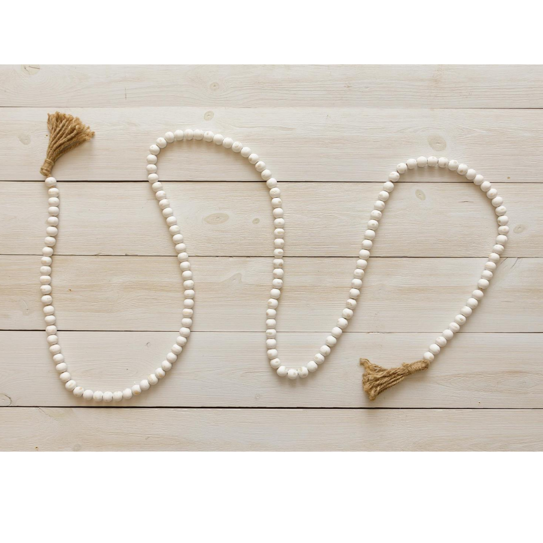 Distressed White Farmhouse Beads with Tassels 9 ft