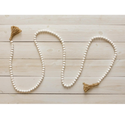 Distressed White Farmhouse Beads with Tassels 9 ft