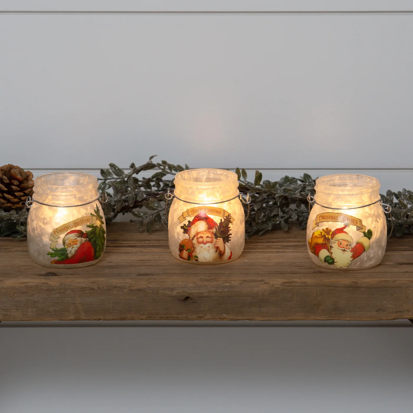 Set of 3 Small Vintage Style Santa Frosted Glass Jars