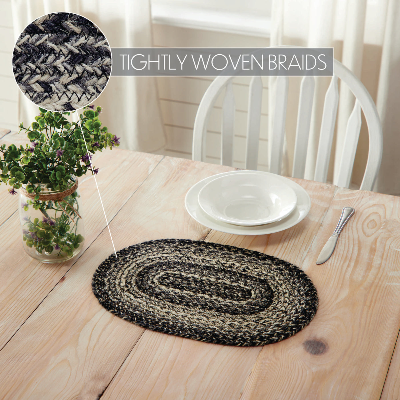 Sawyer Mill Black White 15" Jute Oval Placemat