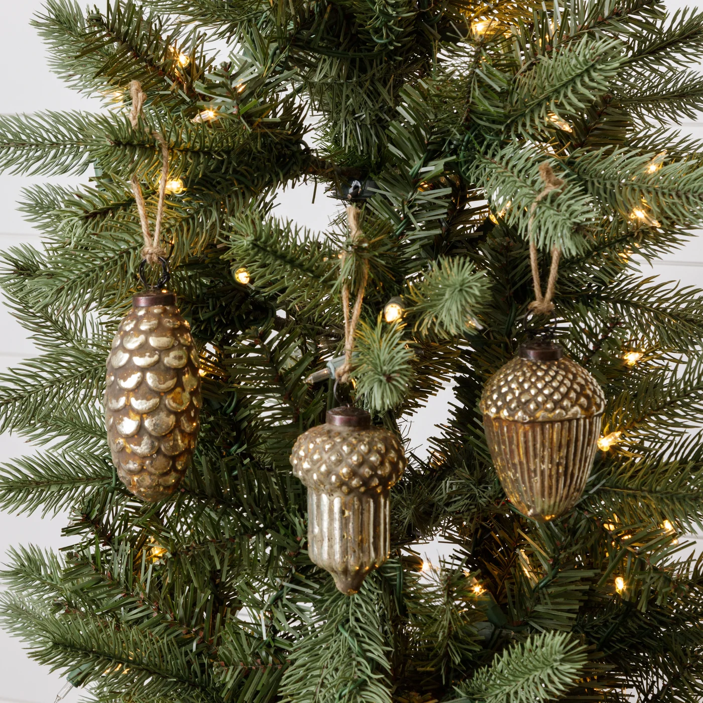 Set of 3 Rustic Pinecone and Acorn Glass Ornaments