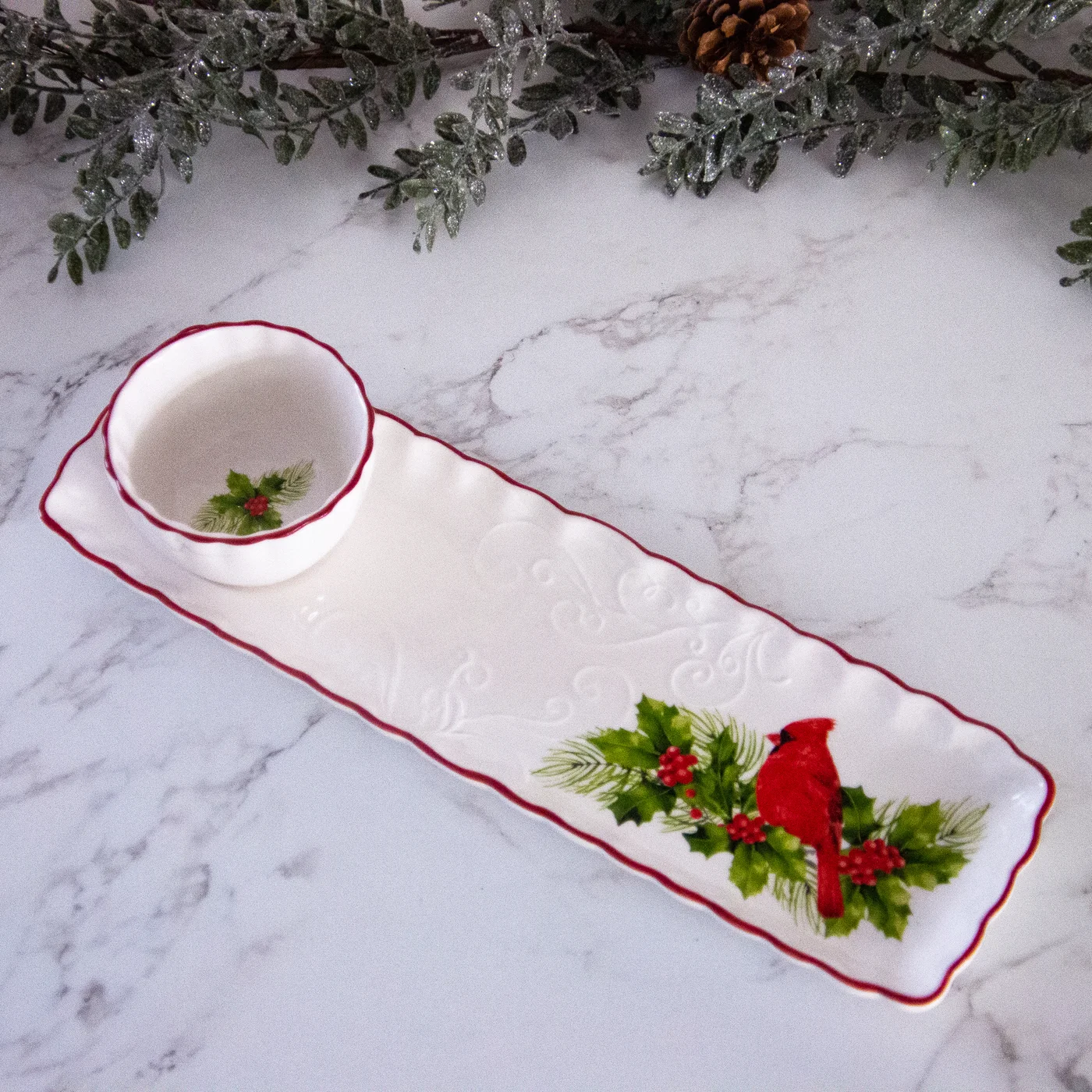 Cardinal and Holly Ceramic Tray with Dip Bowl