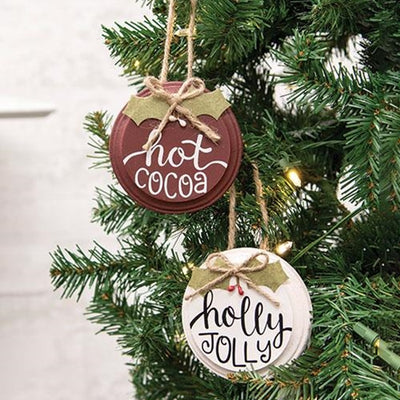 Set of 2 Hot Cocoa and Holly Jolly Button Holly Ornaments