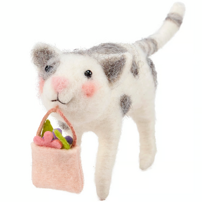 Grey and White Cat with Flower Bag Felt Critter
