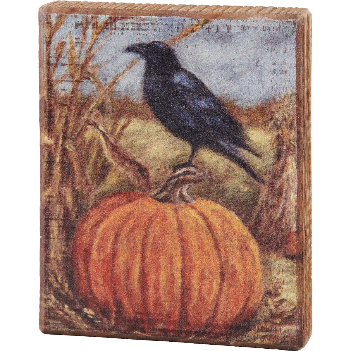 Raven On A Pumpkin 5" Small Block Sign