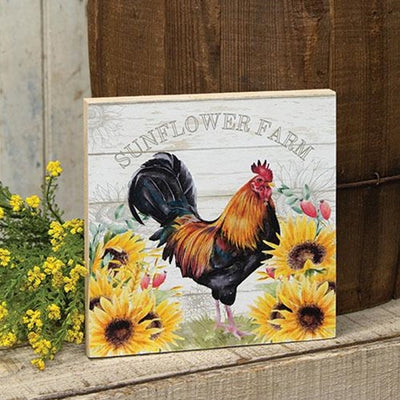 Sunflower Farm Rooster 8" Wooden Block Sign