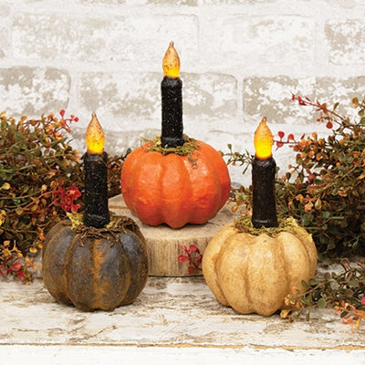Set of 3 Papier Mache Mossy Pumpkin Taper Holders