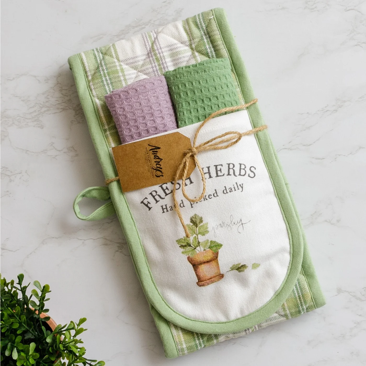 Fresh Herbs Double Oven Mitt Gift Set With Dish Cloths