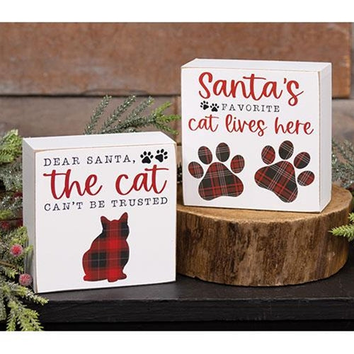 Set of 2 Santa's Favorite Cat and Cat Can't Be Trusted 5" Box Signs