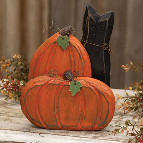 💙 Carved Wooden Pumpkin Duo & Black Cat 9.5" Sitter