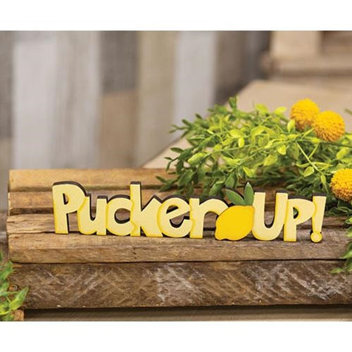 Pucker Up Lemon Wooden Word Cutout Sitter