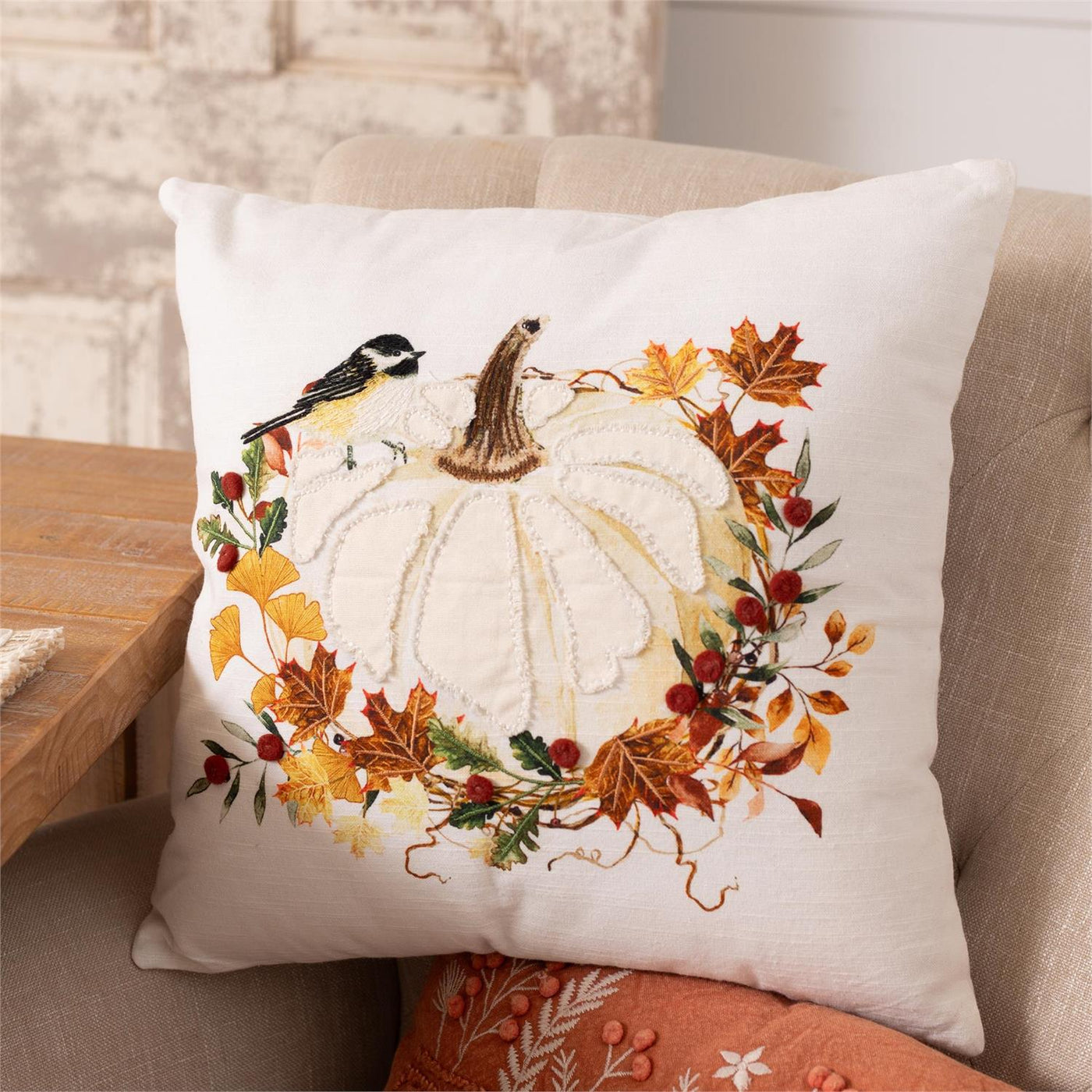 White Pumpkins And Leaves 16" Accent Pillow