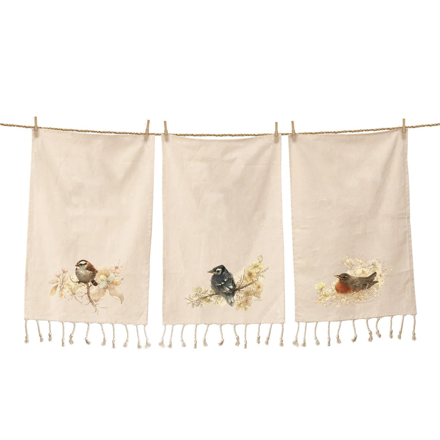 DAY 11 🐦 14 DAYS OF FEATHERED FRIENDS 🪺 Set of 3 Cozy Natural Birds in Nests Kitchen Towels