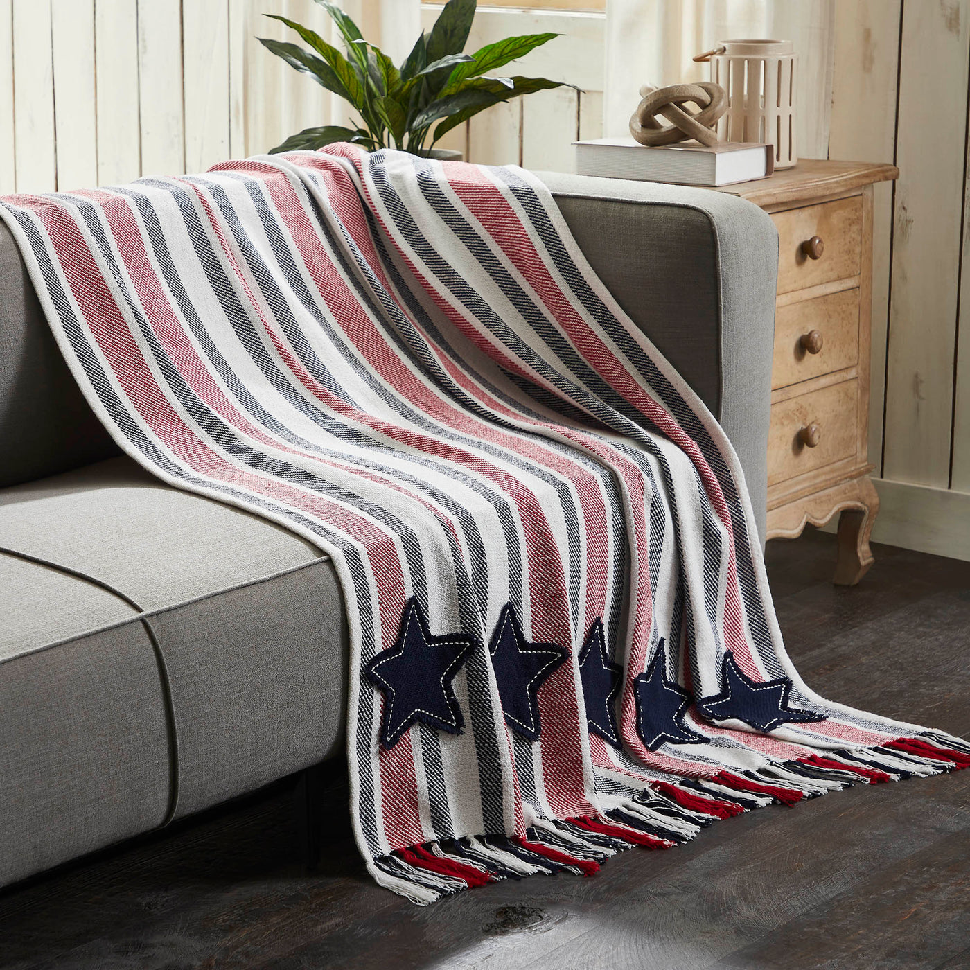 Red and Blue Striped with Blue Stars Woven Throw