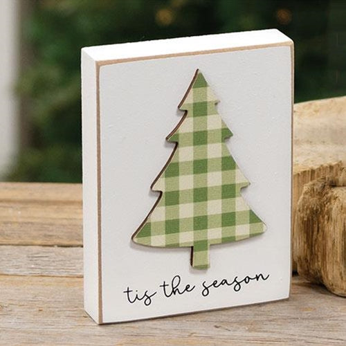 💙 Tis The Season Plaid Tree 4" Wooden Block Sign