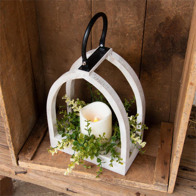 White Arched Lantern with LED Candle and Greens