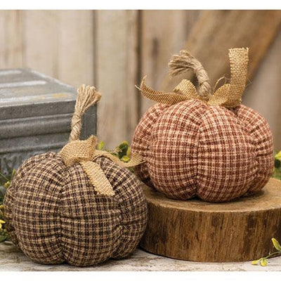 Set of 2 Medium Country Plaid Fabric Pumpkin