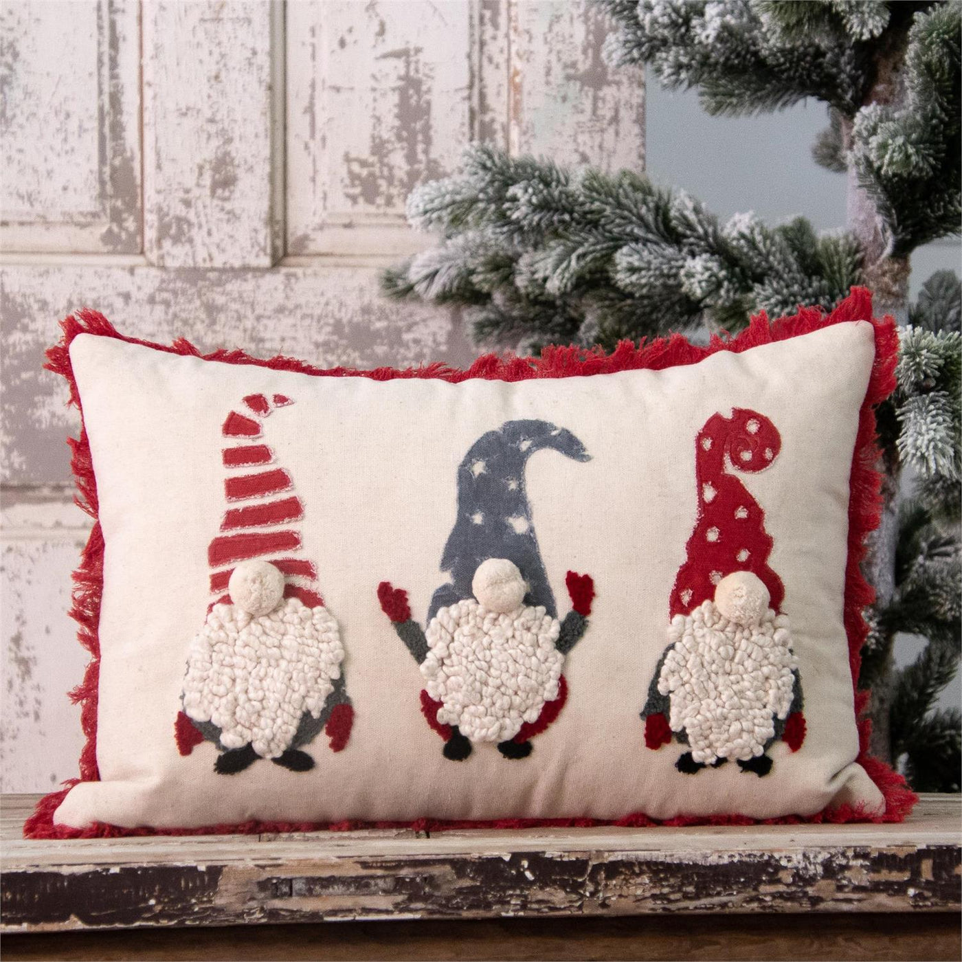 Hand Hooked Americana Gnomes With Fringe Accent Pillow