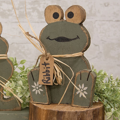 Rustic Baby Frog Wood Sitter with Ribbit Tag