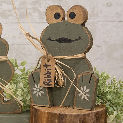 Rustic Baby Frog Wood Sitter with Ribbit Tag