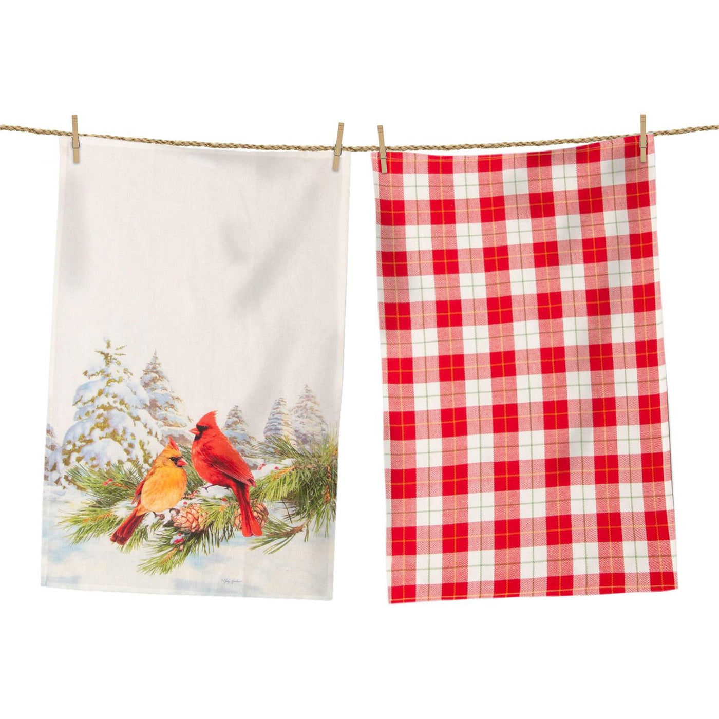 Cardinals And Red Plaid Set of 2 Tea Towels