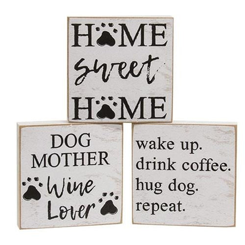 Dog Mom + Wine + Coffee Square Block Signs Set of 3