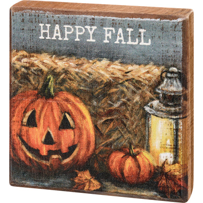 🎄 💙 Happy Fall Jack O' Lantern and Pumpkins 4" Block Sign