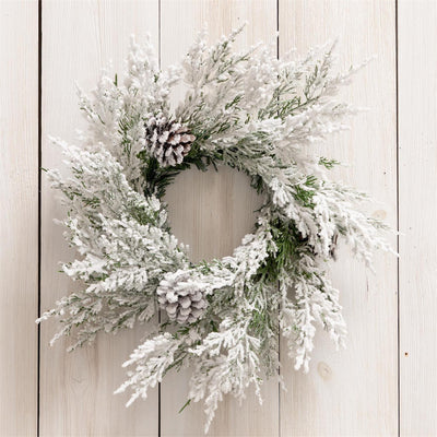 White Flocked Evergreens With Pinecones 12" Small Faux Ring