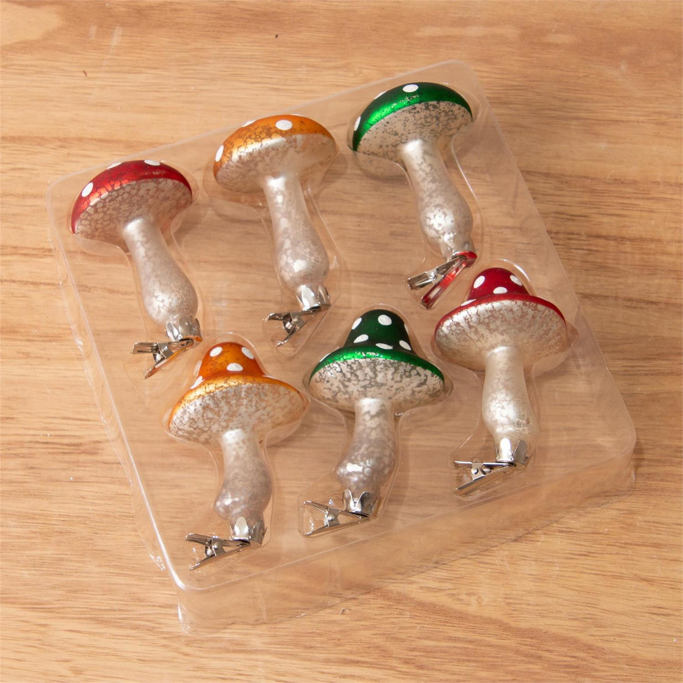 Set of 6 Glass Mushroom Clip On Ornaments