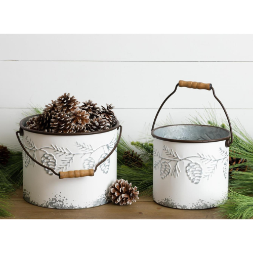 Set of 2 Pinecone Embossed Distressed Buckets