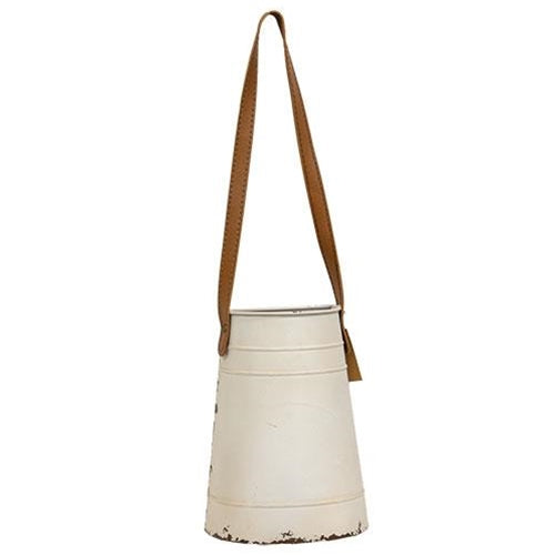 Distressed Cream Metal Wall Bucket with Leather Hanger