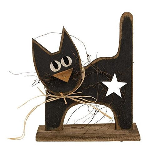 DAY 11 🎃 31 DAYS OF SPOOKYWEEN Rustic Wood Black Cat w/White Star on Base 14.5" H