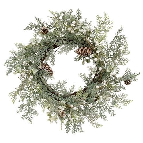 Frosty Cedar Pinecone & White Berry 18" Faux Evergreen Wreath
