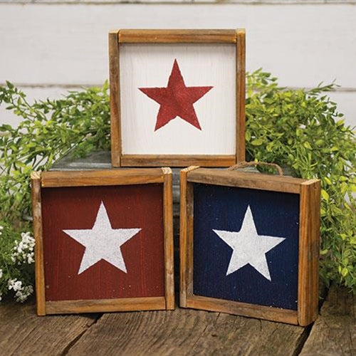 Set of 3 Rustic Wood Framed Hanging Star Block Signs 6.5"