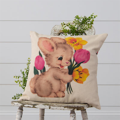 Retro Bunny with Spring Flowers 18" Accent Pillow