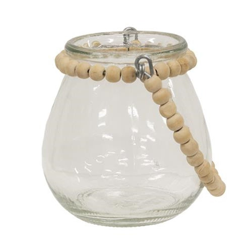 Wide Glass Jar With Natural Beaded Handle 4" H